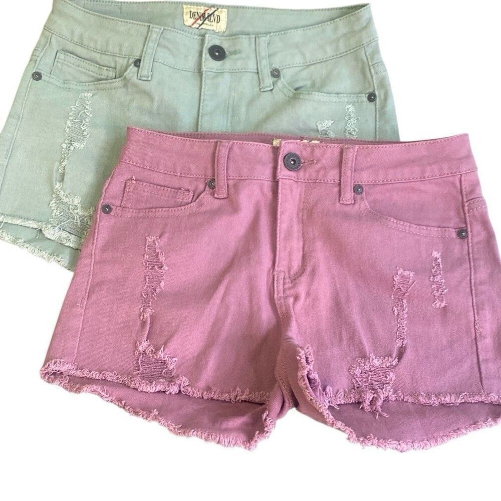 2 PAIR Denim Blvd Mid Rise Cut Off Jean Shorts Sz 5 Sm Blue Green & Lilac Bundle
